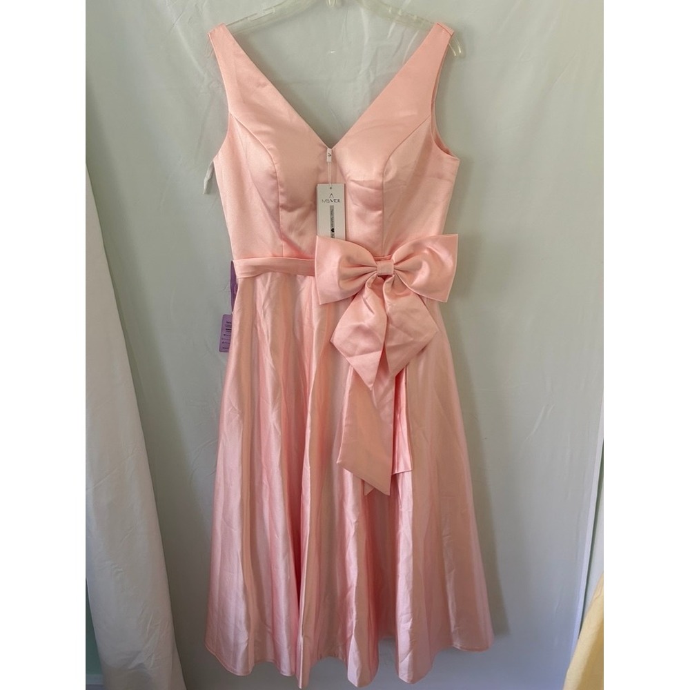 Misvel Pink Satin Bow Midi Dress Corset Back Fit & Flare Formal Size 12 NEW